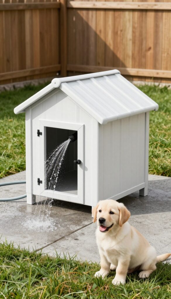 Outdoor hose-down dog house being cleaned with a spray of water from a garden hose, water draining out the door.