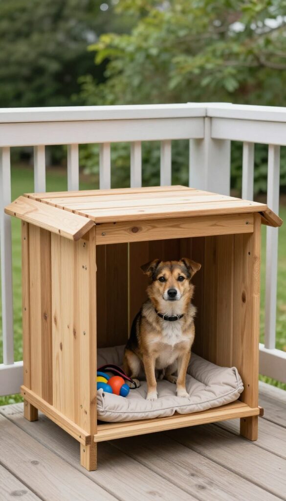 Built-in bench dog house with storage and shaded kennel underneath on a deck