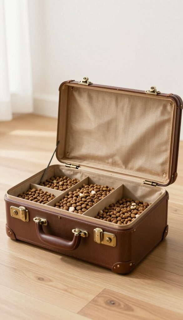 A vintage suitcase used as stylish dog food storage, filled with kibble and placed in a bright, clean home setting.