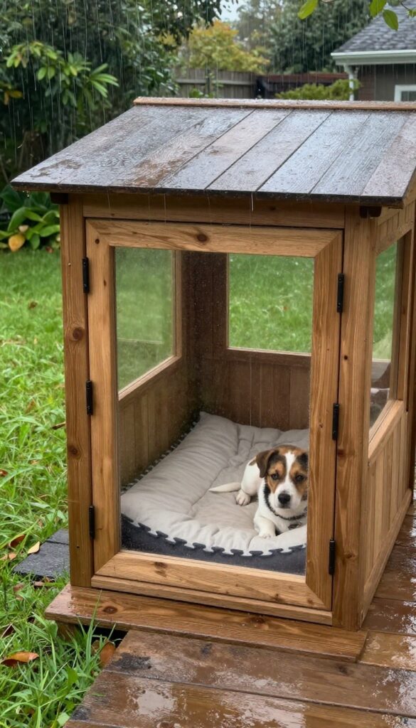Dog house under deck with vinyl flap door and cozy interior