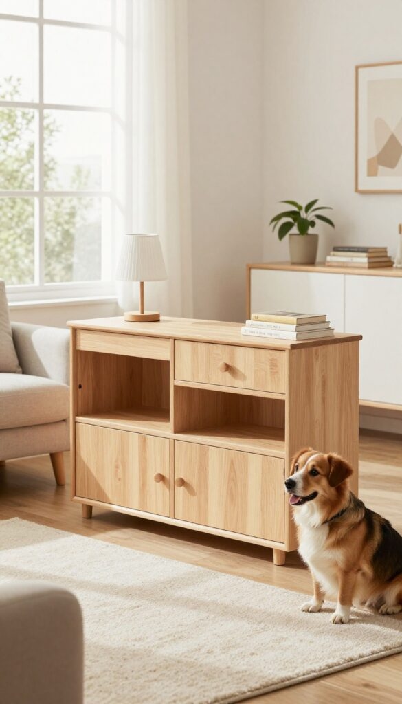 Custom cabinet kennel in living room blending into furniture