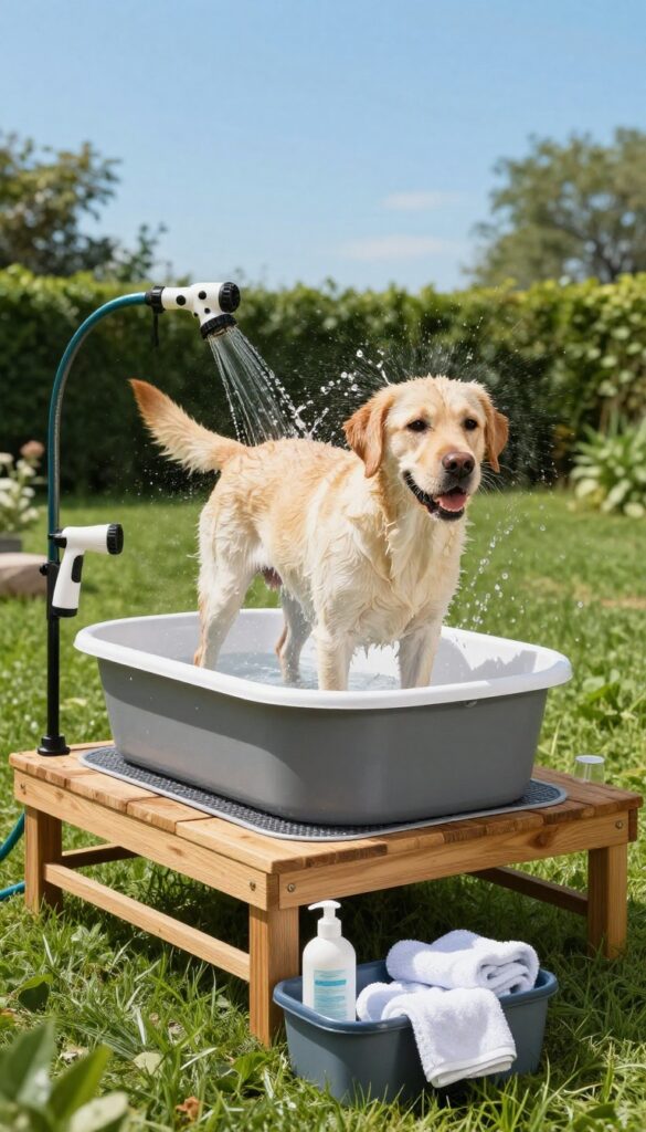 A Labrador retriever enjoying bath time in a DIY outdoor grooming corner with a plastic tub on a wooden platform, using a garden hose in a sunny backyard.
