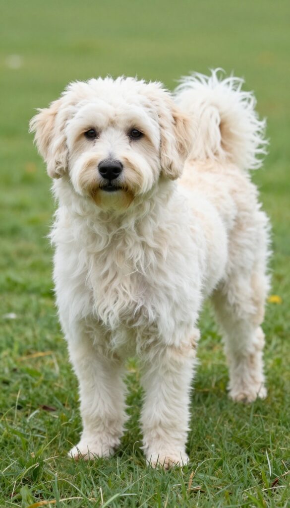 Poochon dog with trimmed leg feathering in natural light, showcasing a mat-resistant grooming style for active dogs.