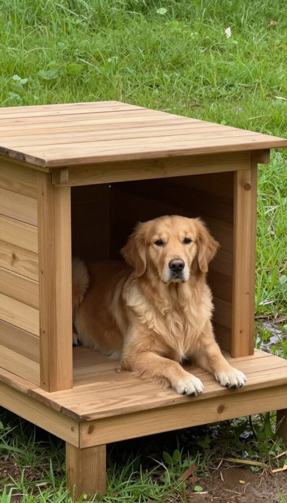 Elevated wooden dog house on deck platform with golden retriever lounging, dry after rain