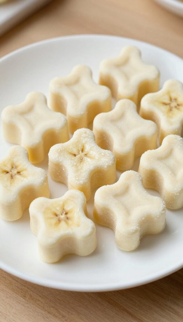 Frozen banana yogurt cubes for dogs, shaped like bones, on a white plate with a wooden background, showcasing a homemade dog treat recipe for cooling snacks.