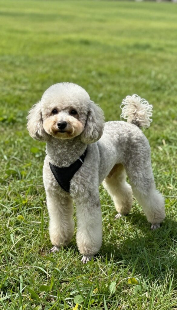 A poodle with a Bikini Cut grooming style in natural light, highlighting trimmed areas for summer comfort.