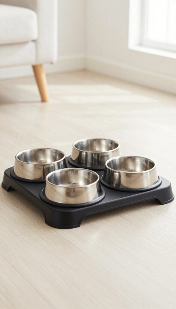 An elevated black feeding stand with stainless steel bowls in a modern home, promoting ergonomic support for dogs.