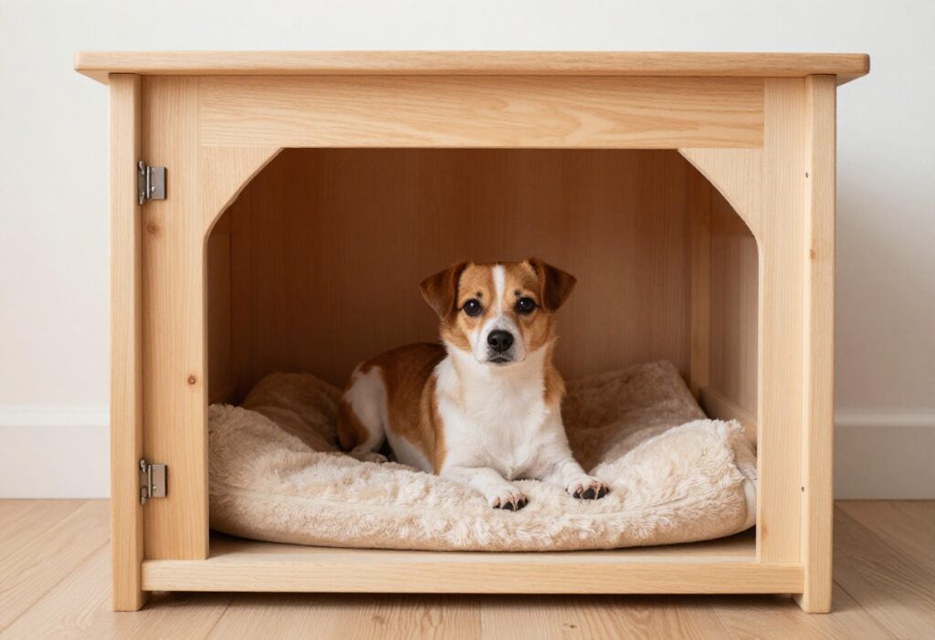 Cozy under-stairs dog house with storage bins and a sleeping dog
