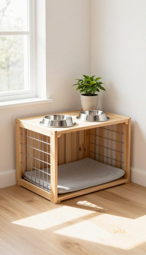 Convertible crate and feeding combo unit in a bright living room, with a crate on one side and feeding station on the other, stainless steel bowls, soft mat inside crate, natural light, hardwood floor, potted plant, clean and organized.