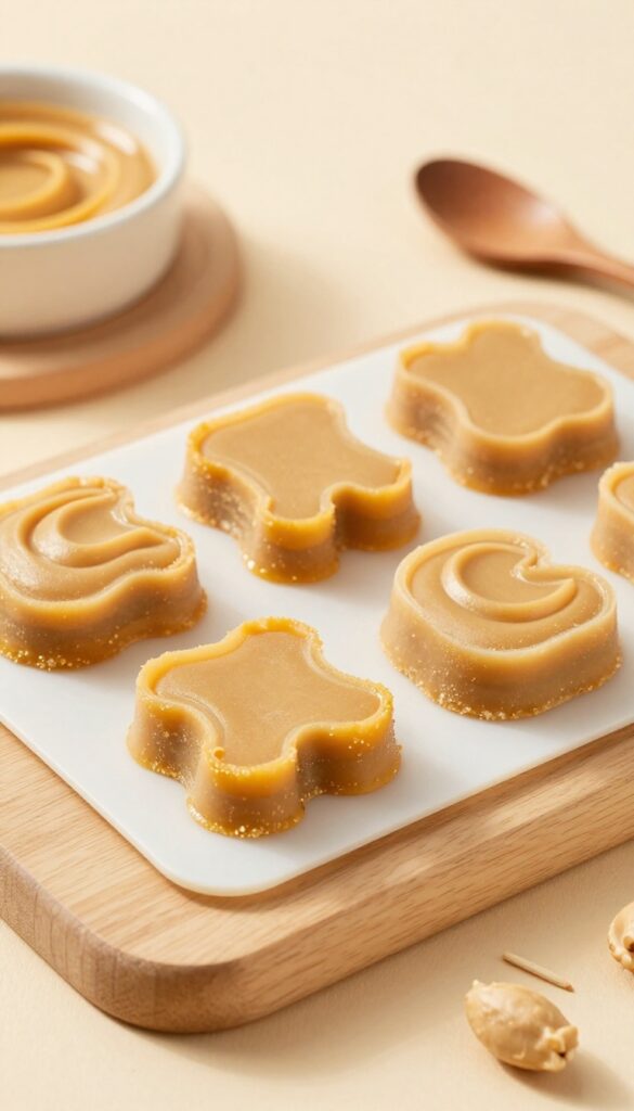 Frozen peanut butter and pumpkin swirl dog treats in a silicone mold, arranged on a wooden surface with simple props, showcasing a homemade, calming snack for dogs.
