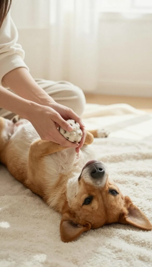 A person gently handling a dog's paw during a calm moment at home, illustrating desensitization practice for grooming.