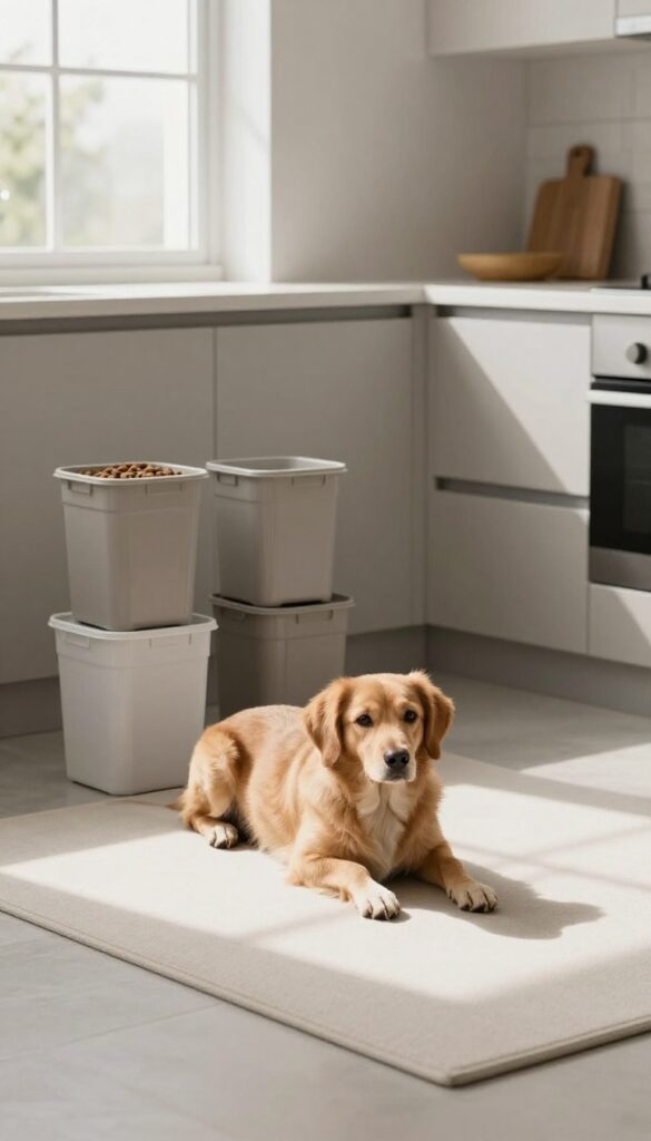 Stack of durable plastic dog food containers in a bright kitchen corner, with a dog resting nearby.