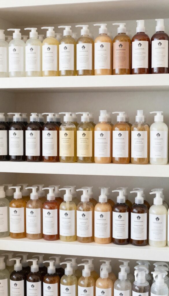 A close-up view of natural and hypoallergenic shampoo bottles neatly displayed on a salon shelf, emphasizing gentle grooming options for dogs with sensitive skin.