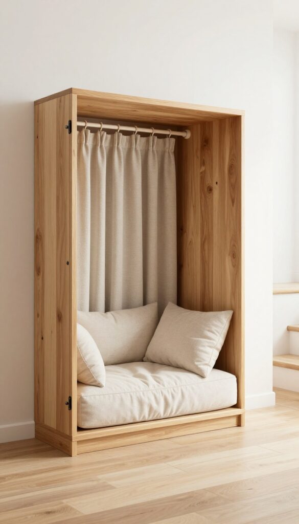 Built-in crate nook under stairs with wooden enclosure and curtain.