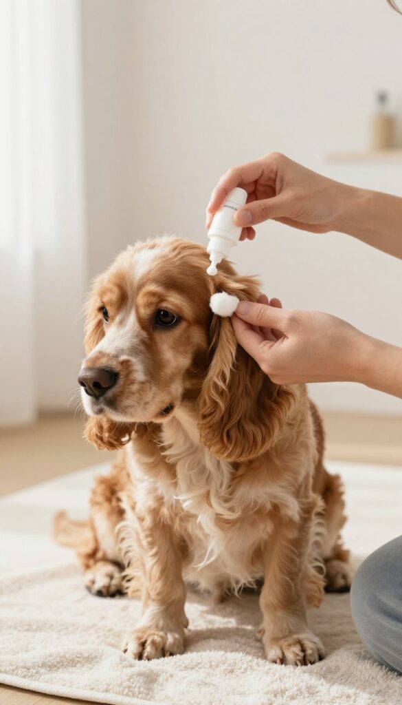 A person gently cleaning a dog's ear with vet-approved solution in a bright, natural setting