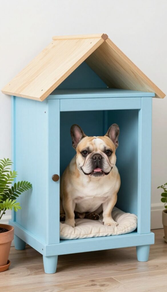 Upcycled furniture dog house made from a painted nightstand with a slanted roof, on a balcony with a French Bulldog.
