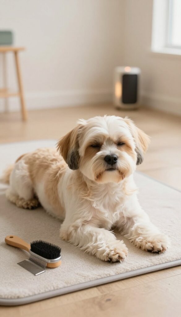 A relaxed Shih Tzu in a bright grooming salon with soothing sounds from a small speaker, creating a calm environment for premium dog grooming.