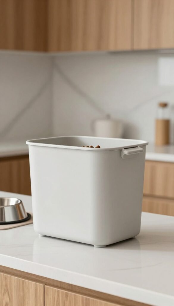 Sleek modern large dog food container on kitchen counter, blending with decor