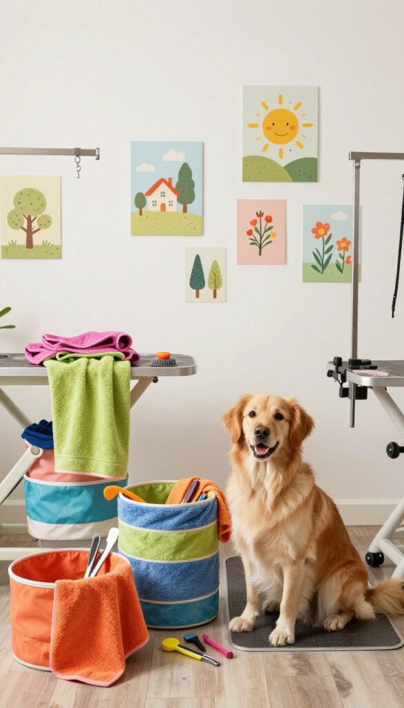 A bright home dog grooming area with seasonal color-themed accessories like towels and bins, showing a calm dog in a clean, inviting space for creative grooming inspiration.