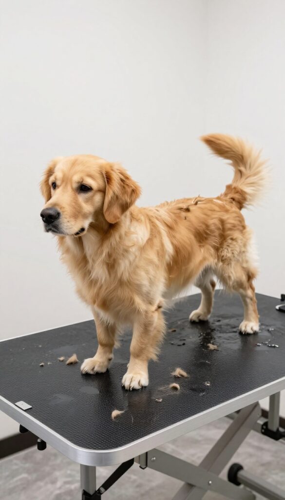 A dog standing on a water-resistant mat for easy cleanup during grooming, in a bright indoor setting with natural light.