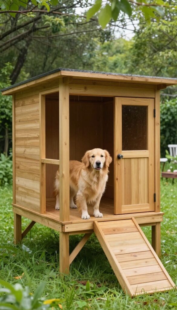 Elevated deck dog house with a dog on the platform in a sunny backyard