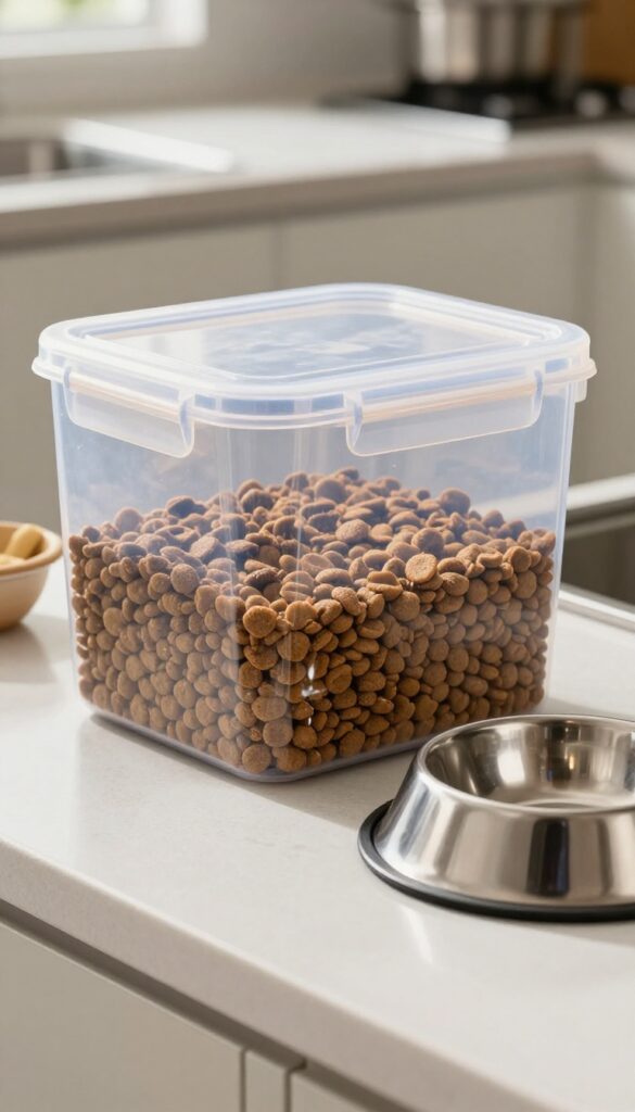 Airtight container filled with dog food on a kitchen counter, showcasing freshness and organization for pet storage.