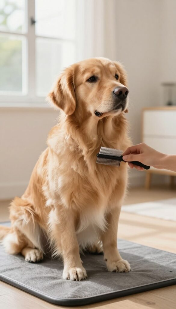 A dog enjoying a brief grooming session in a bright, cozy setting to illustrate keeping grooming short and sweet for less stress.