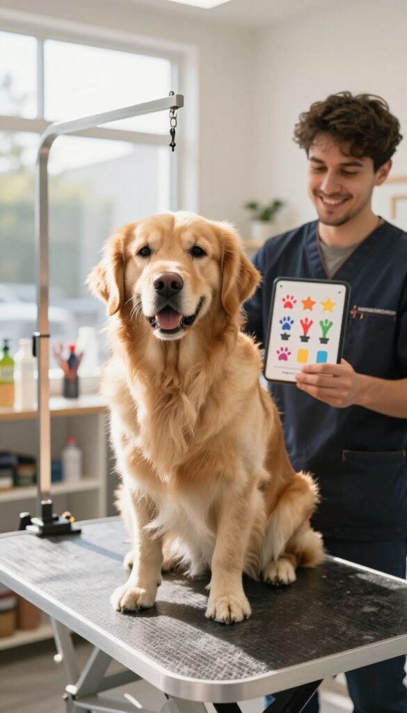A golden retriever on a grooming table with a groomer showing a reward card in a bright, clean shop setting.
