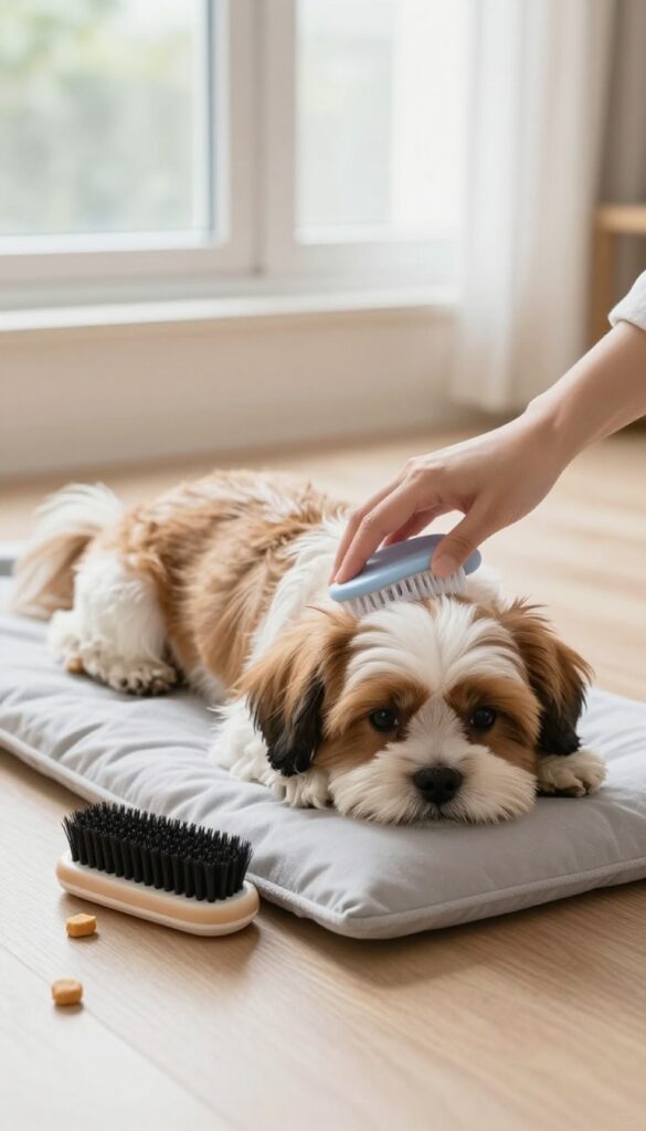 A young Shih Tzu puppy receiving gentle grooming on a soft mat in a quiet, sunlit apartment corner, with soft brushes and treats nearby.