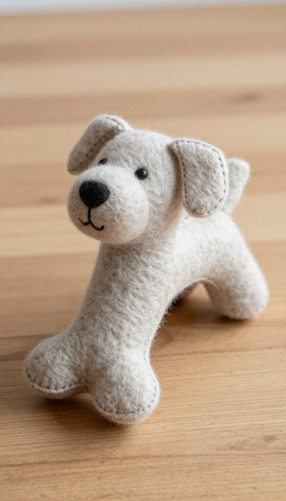 A handmade felt dog toy shaped like a bone, resting on a plain wooden surface, illustrating a soft and safe option for dogs in a blog about crafting dog accessories.