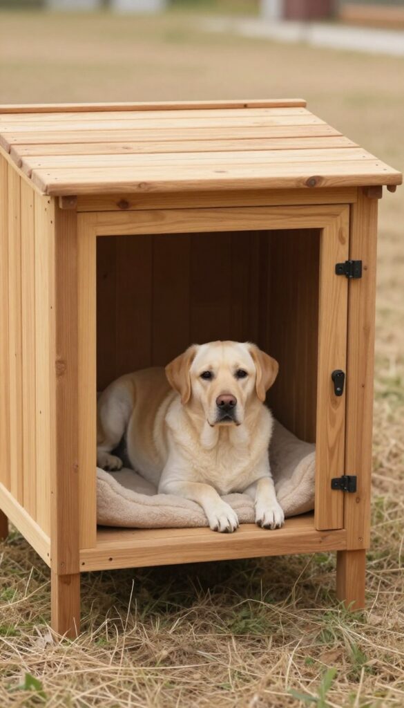 A dog lying in a heated dog house with a raised wooden floor, keeping warm and dry.