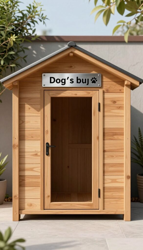 Modern dog house with personalized address-style sign featuring dog's name and paw print