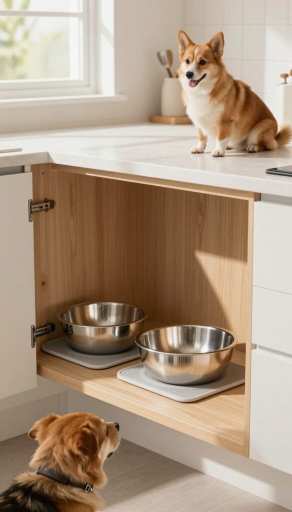A built-in kitchen cabinet with separate dog bowl slots for multiple dogs, designed to reduce mealtime chaos and keep the space tidy.