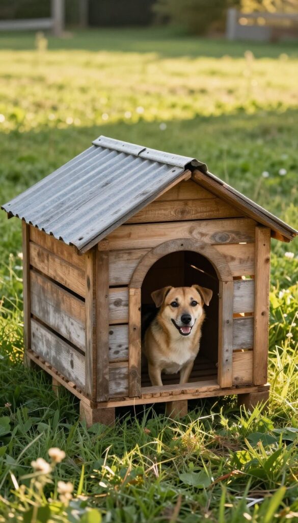 A weathered wooden crate dog house in a rustic yard with a dog peeking out.