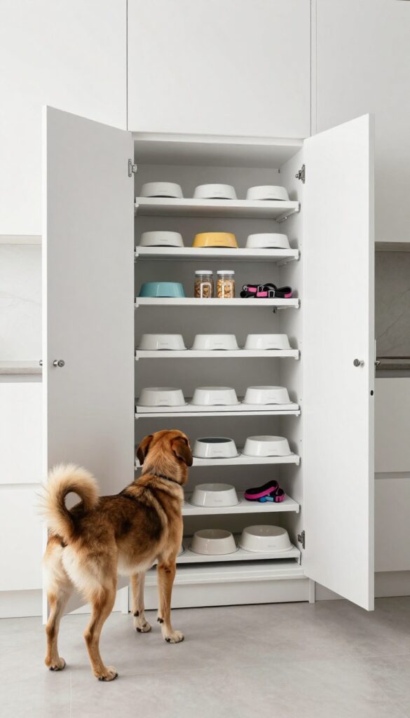A photorealistic image of a built-in cabinet dog feeding station with adjustable shelves in a bright kitchen, showing organized storage for bowls and accessories.