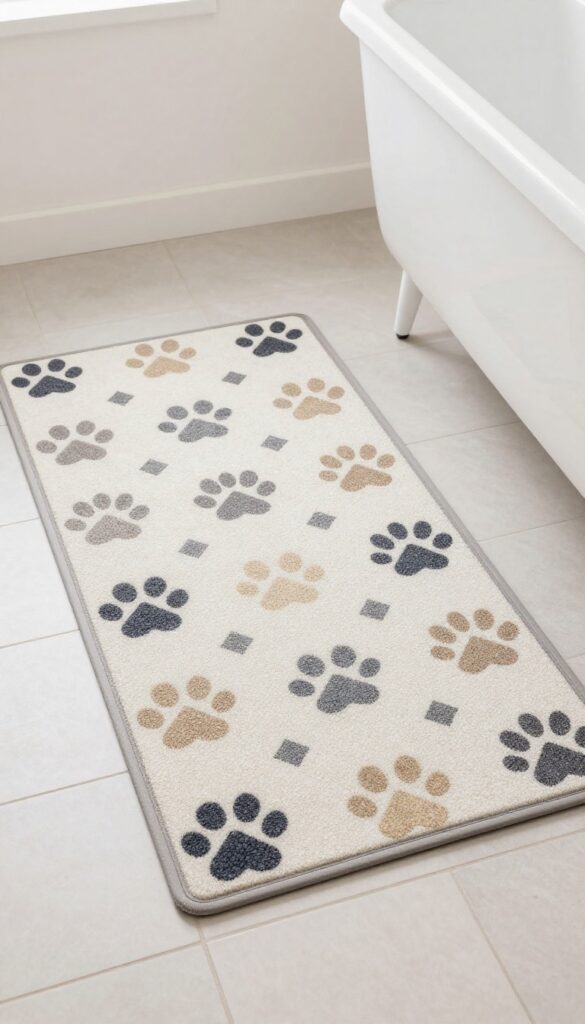 A photorealistic image of a patterned non-slip mat in a dog grooming setup with natural light and clean composition.