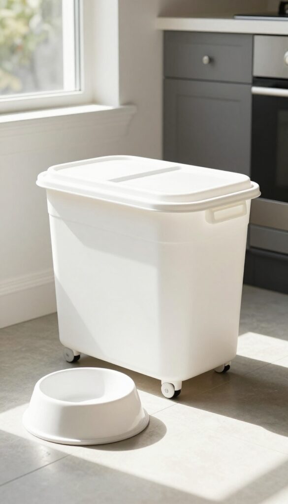 A large wheeled dog food container on a tile floor in a sunlit room, with a dog bowl beside it.