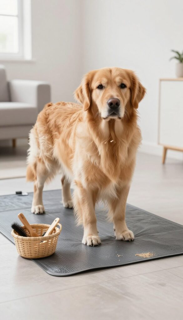 A Golden Retriever being brushed on a waterproof mat in a designated grooming area, showing loose fur collected for easy cleanup in a bright apartment setting.