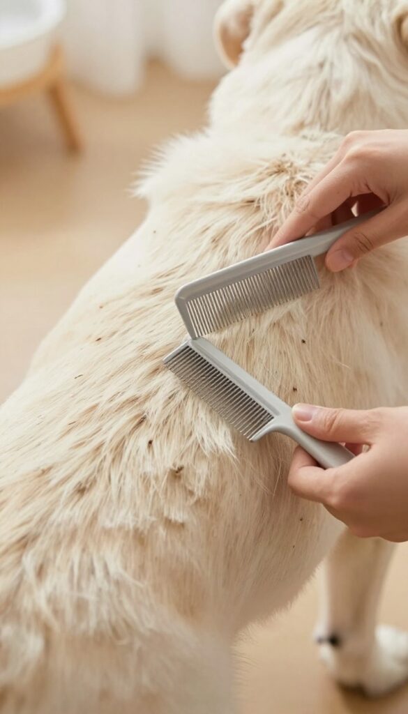 A close-up photo of hands checking a dog's fur for fleas and ticks during grooming, with natural lighting and grooming tools visible.