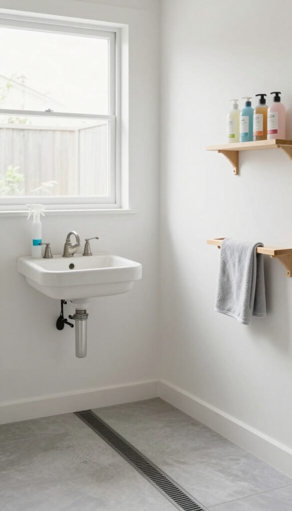 A backyard dog grooming shed setup featuring a utility sink with sprayer for easy cleanup during grooming sessions, with shelves storing supplies and natural lighting.