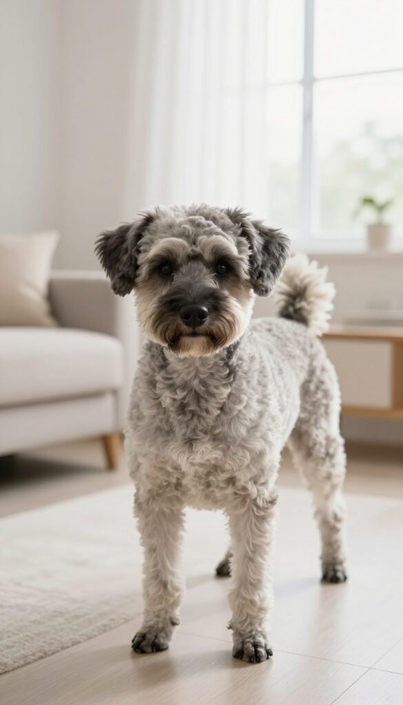 A Poodle with a short, low-shedding haircut in a bright, tidy living room, illustrating an allergy-friendly grooming style for dog blogs.
