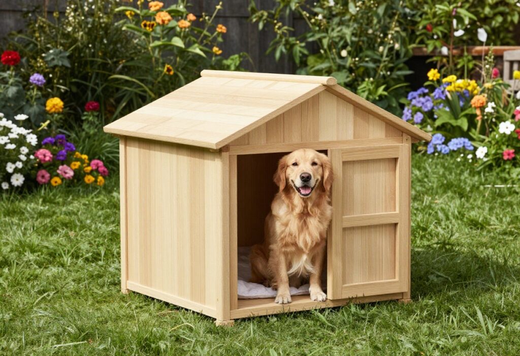 Custom wooden dog house with a golden retriever sitting beside it in a sunny backyard