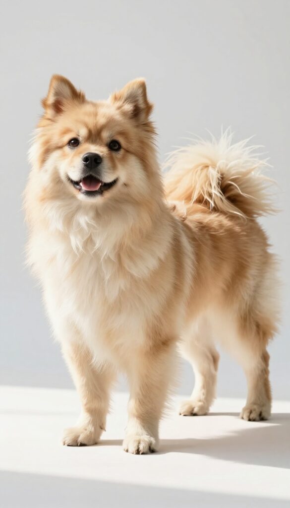 A Shih Tzu with elegantly feathered legs and tail, showcasing a flowing grooming style in bright natural light.
