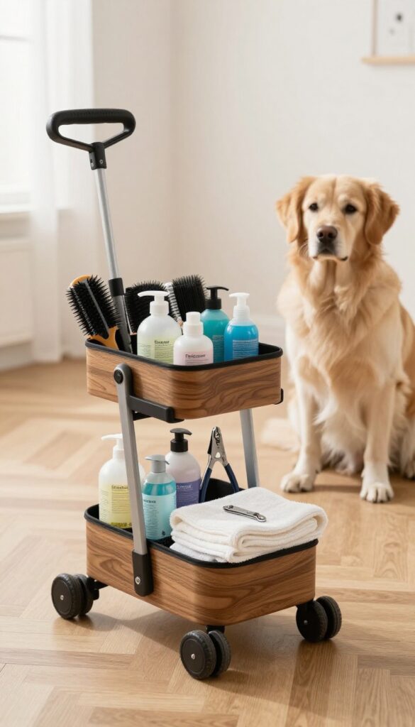 A portable caddy with organized dog grooming supplies on a wooden floor, next to a calm dog in a tidy room, illustrating an efficient home grooming setup.
