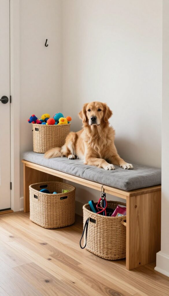 Golden retriever sitting on a built-in bench under stairs with pull-out storage bins for dog toys and gear.