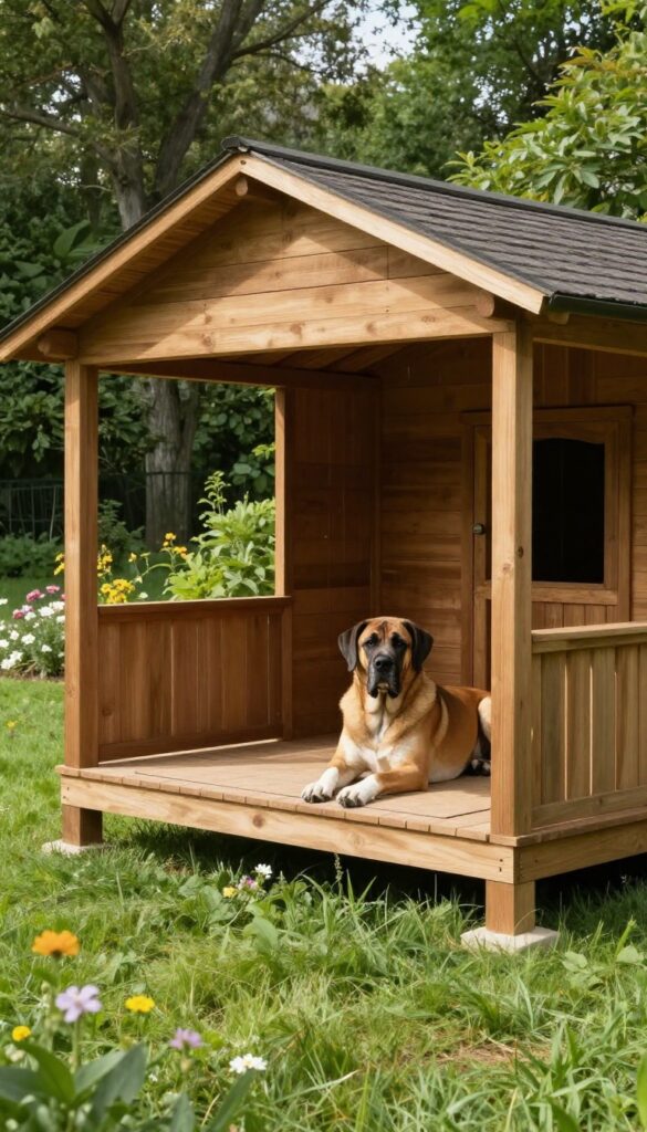 Giant dog relaxing on the porch of a custom-built extra large dog house in a sunny backyard