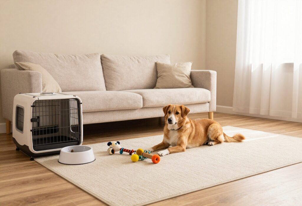 A dog relaxing in a pet-friendly living room with organized toys, a crate, and a feeding area.