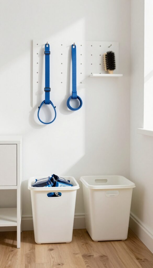 A pegboard in a utility room organizing dog supplies like leashes, poop bags, grooming tools, and a first-aid kit.