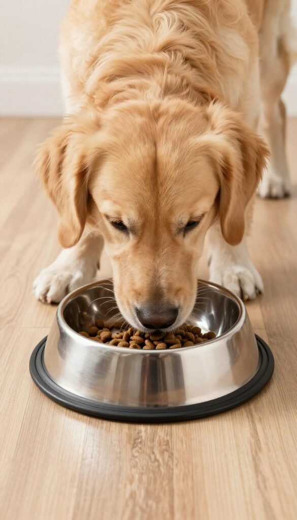 Dog eating from a non-slip bowl on hardwood floor