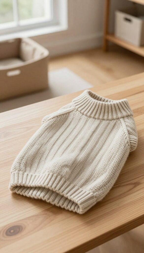 A handmade knitted dog sweater displayed on a wooden surface, emphasizing its custom fit and craftsmanship in a bright, natural-lit home setting.